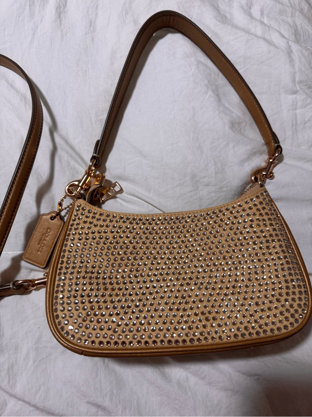 Coach Tan Studded Leather Shoulder Bag with Gold Hardware